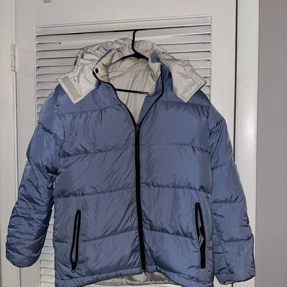 Lands' End Blue and White Puffer Jacket with Hood